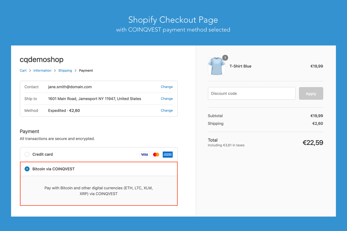 Shopify checkout page with COINQVEST payment method selected